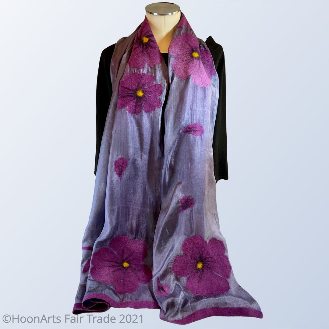 Purple Felted Poppies on Steel Grey Silk from Seven Sisters of Kyrgyzstan - Regular 