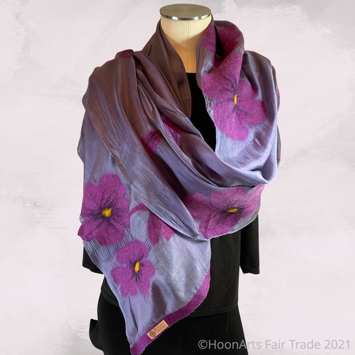 Purple Felted Poppies on Steel Grey Silk from Seven Sisters of Kyrgyzstan - Regular 