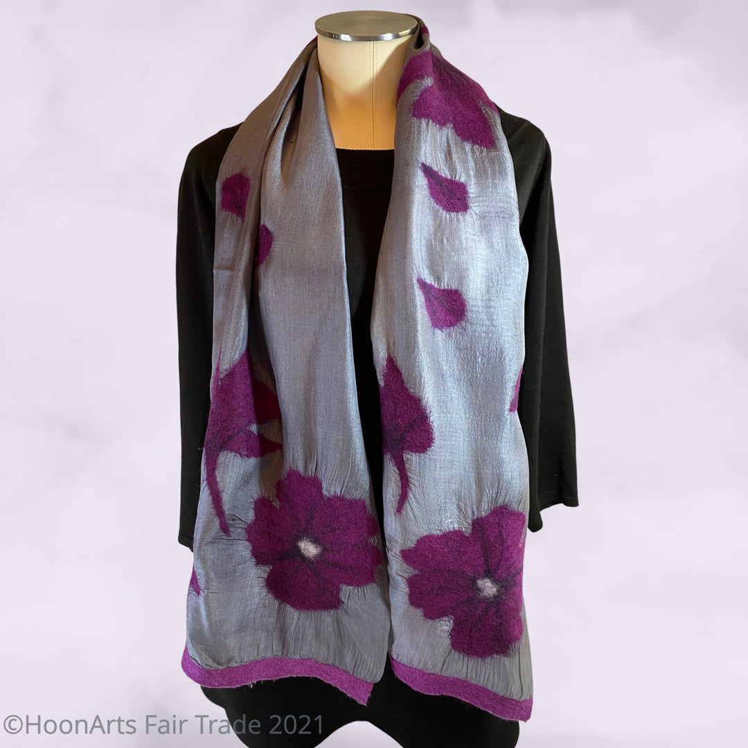 Purple Felted Poppies on Steel Grey Silk from Seven Sisters of Kyrgyzstan - Short 