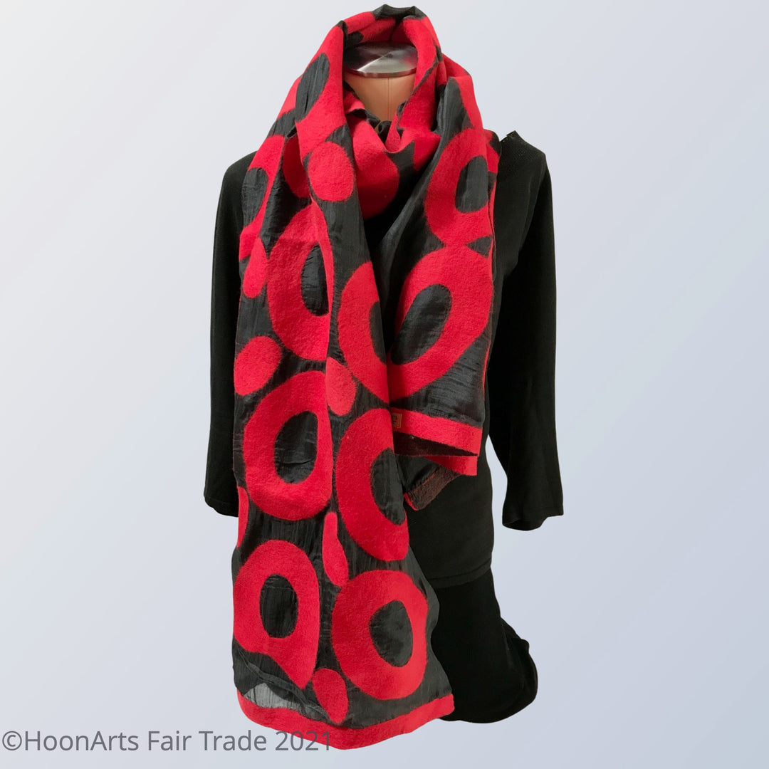 Kyrgyz Hand-felted Silk Scarf/Shawl, Red Circles on Black