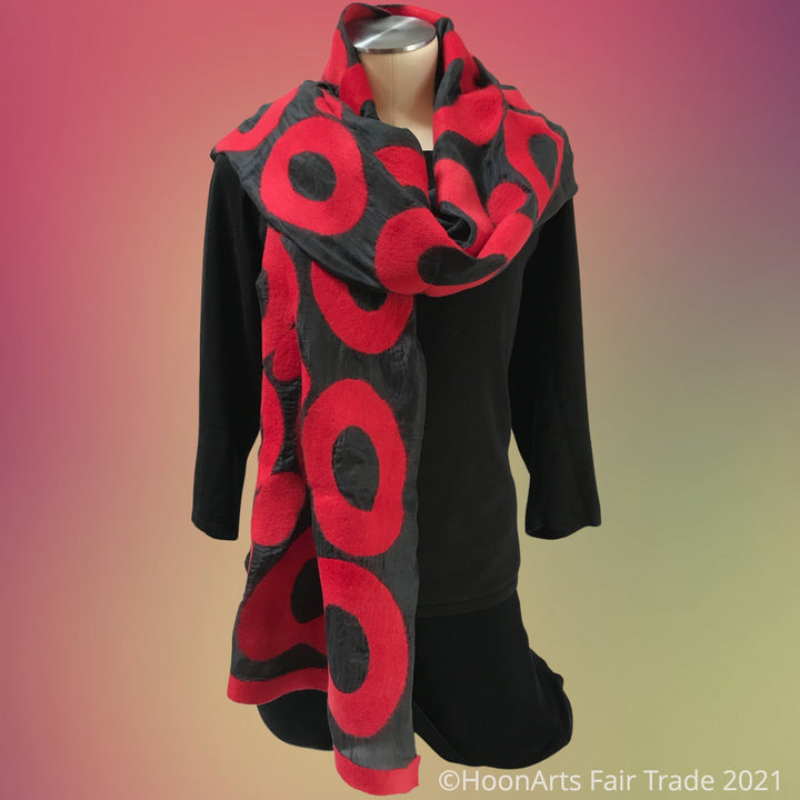 Kyrgyz Hand-felted Silk Scarf/Shawl, Red Circles on Black