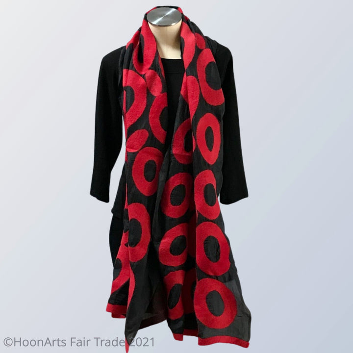 Kyrgyz Hand-felted Silk Scarf/Shawl, Red Circles on Black