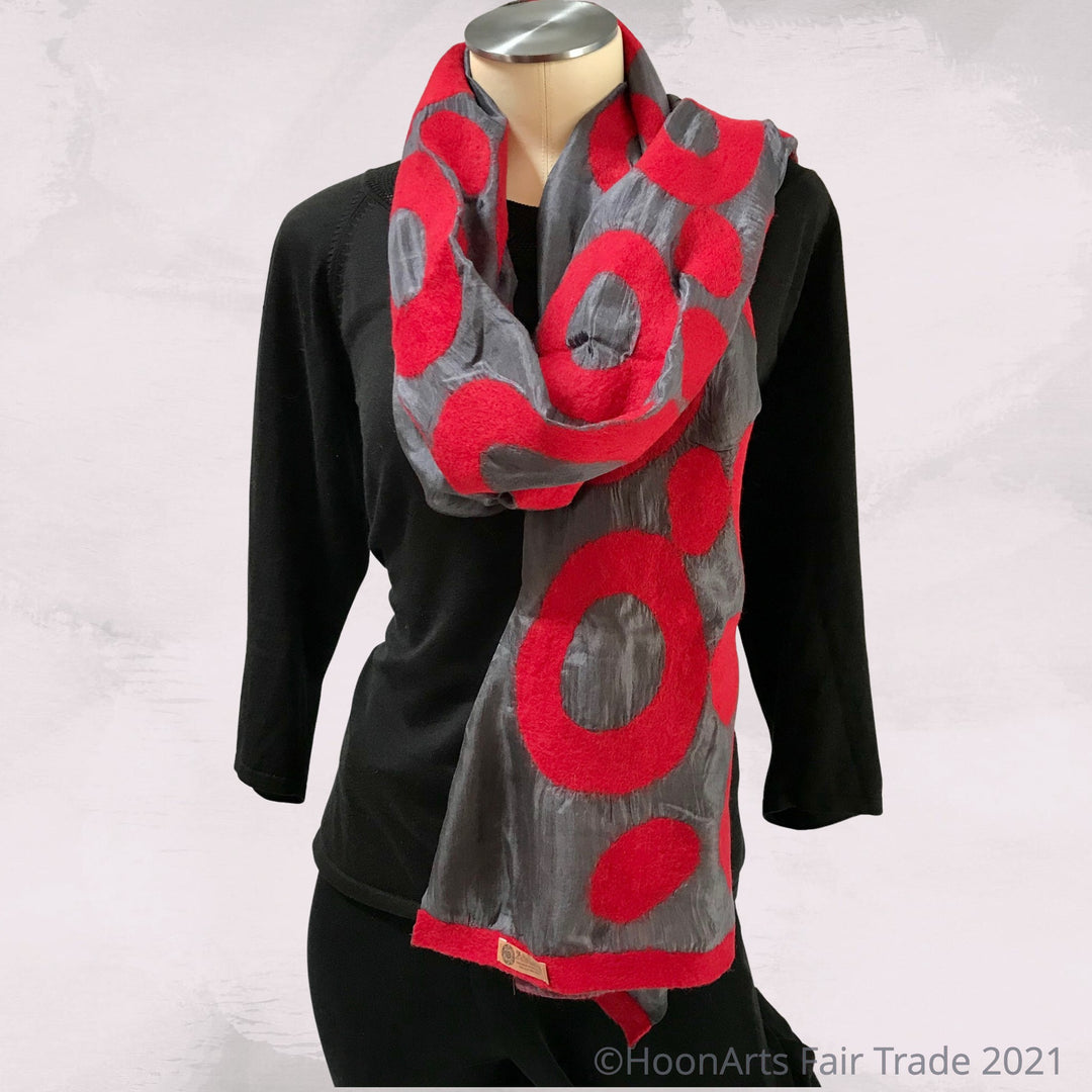 Hand-felted Silk Scarf/Shawl, Red Circles on Dark Grey - Handmade in Kyrgyzstan