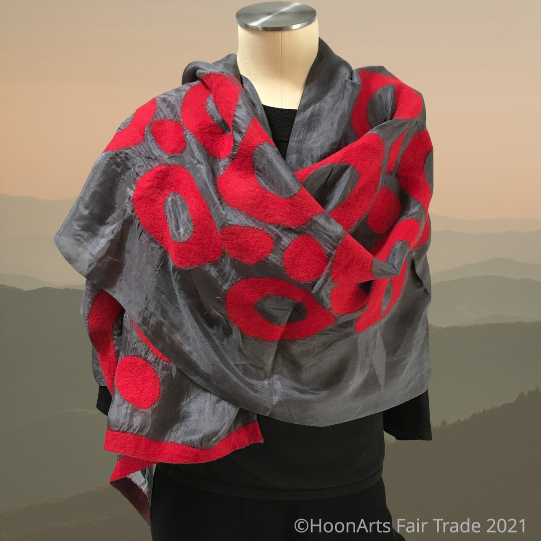 Hand-felted Silk Scarf/Shawl, Red Circles on Dark Grey - Handmade in Kyrgyzstan