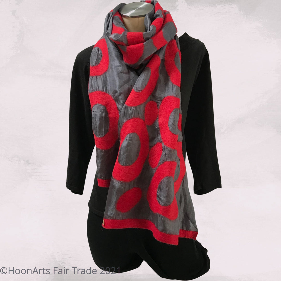 Hand-felted Silk Scarf/Shawl, Red Circles on Dark Grey - Handmade in Kyrgyzstan