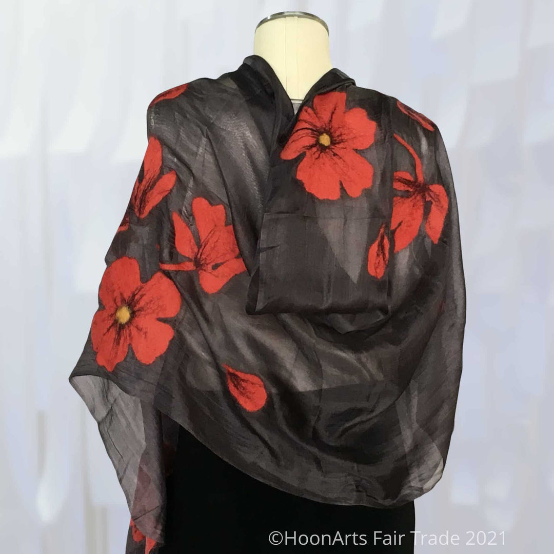 Handfelted silk scarf - red poppy on dark grey 