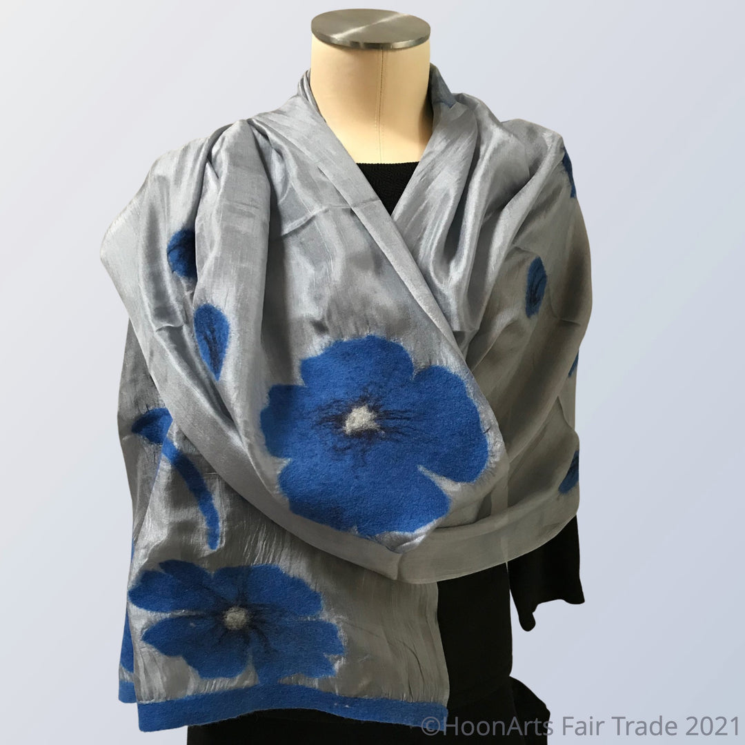 Kyrgyz Silk and Felted Scarf, Blue Poppies on Light Grey