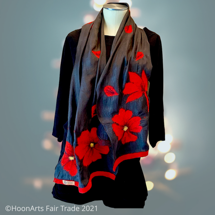 Handmade  Kyrgyz Felted Silk Scarf-Red Poppies on Black | HoonArts