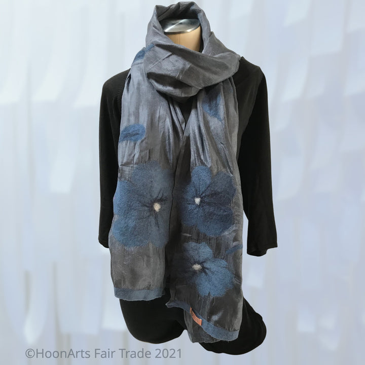 Silk and Felted Scarf, Blue Poppies on Charcoal - Handmade in Kyrgyzstan