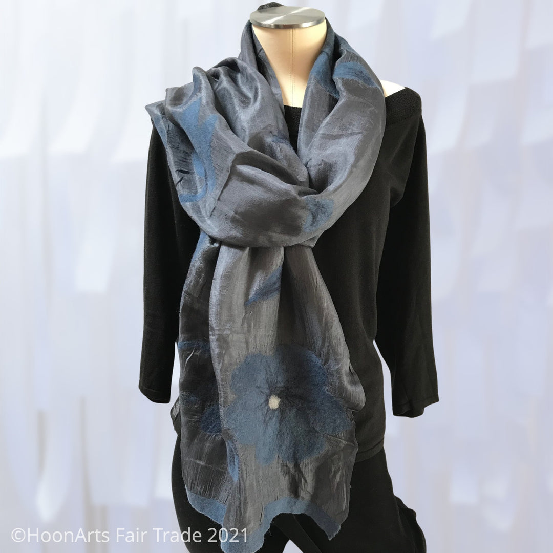 Silk and Felted Scarf, Blue Poppies on Charcoal - Handmade in Kyrgyzstan