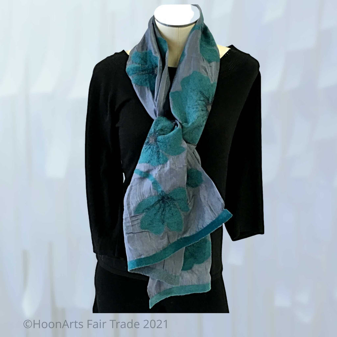 Dark teal poppies on grey silk - short scarf from Kyrgyzstan