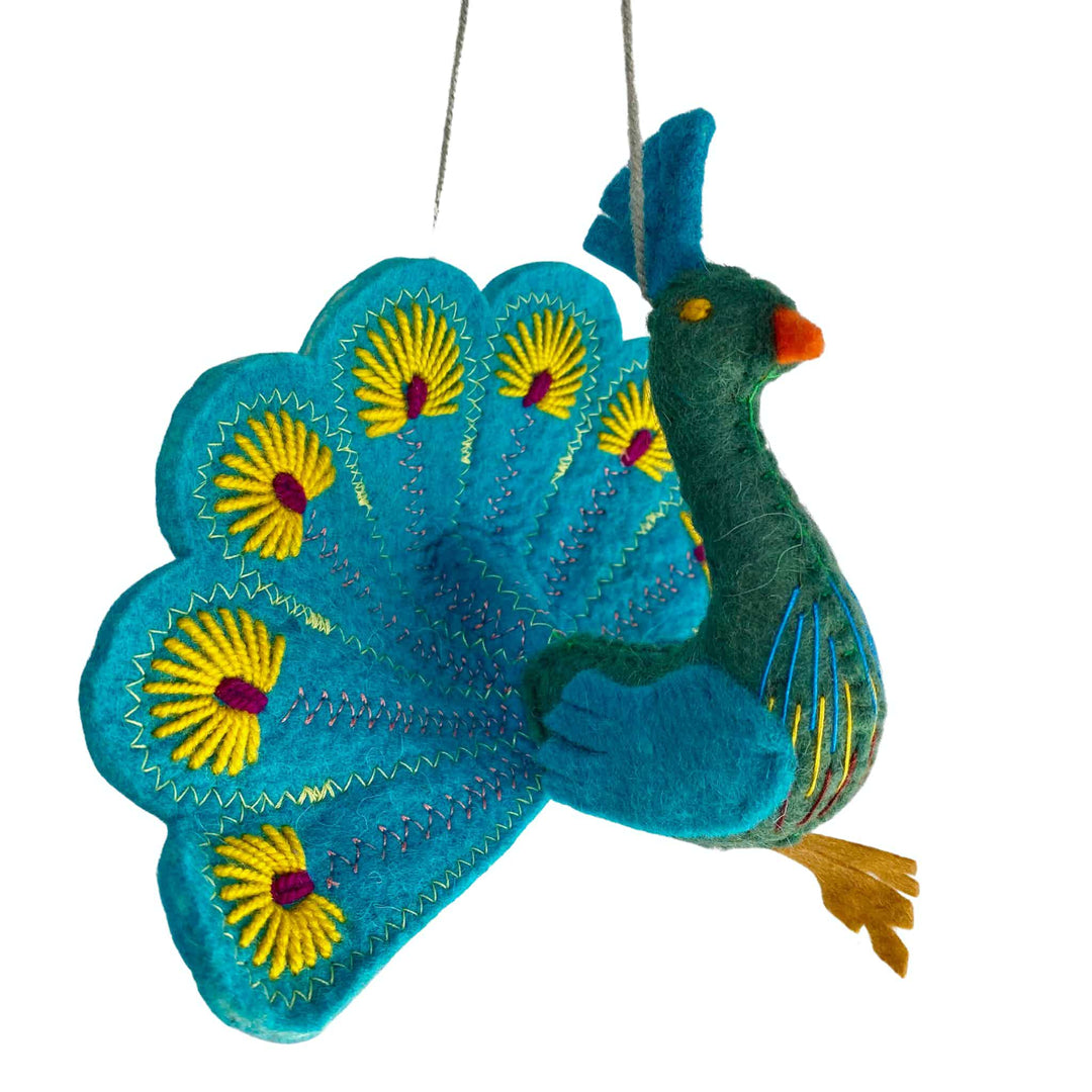 Turquoise & Green Handmade Felt Peacock Ornament from Kyrgyzstan