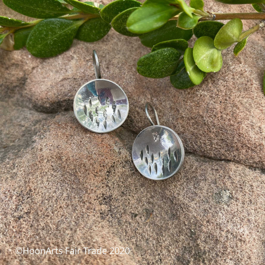 Handmade Kyrgyz Silver Earrings-Small Discs with Raindrops-Elina