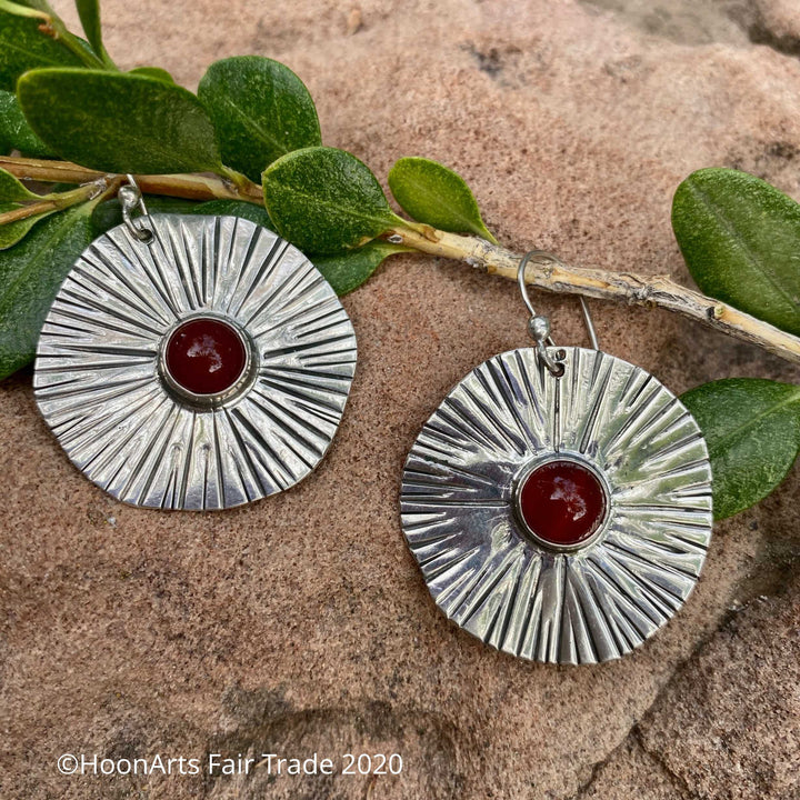 Kyrgyz Silver Sunburst Earrings with Carnelian-"Zhanyl"