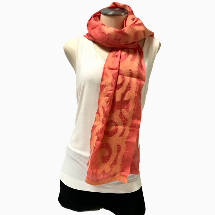 Handmade Coral Felted Silk Scarf with Tribal Patterns from Kyrgyzstan