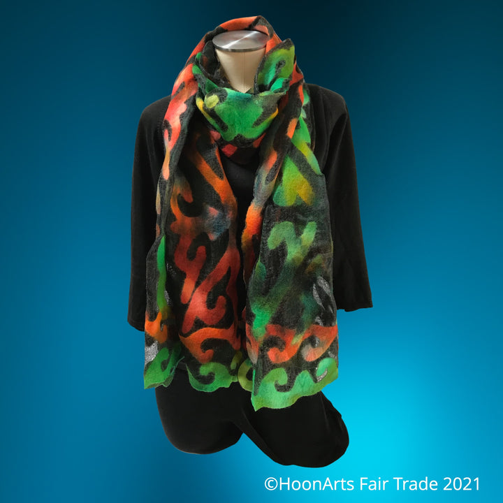 Handmade Sheer Felted Silk Eagle Shawl-Green & Orange