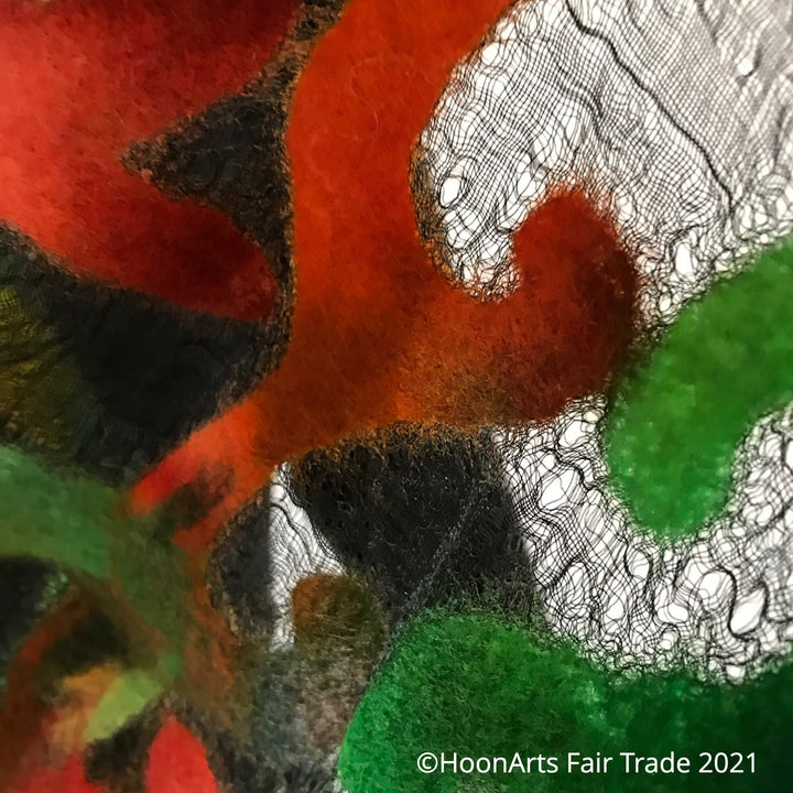 Handmade Sheer Felted Silk Eagle Shawl-Green & Orange - stretched fabric up close