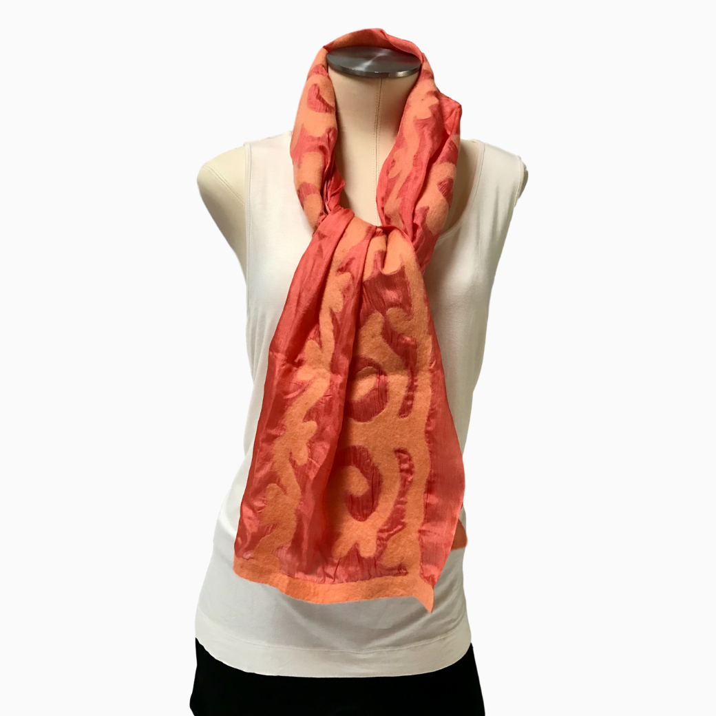 Handmade Coral Felted Silk Scarf with Tribal Patterns from Kyrgyzstan