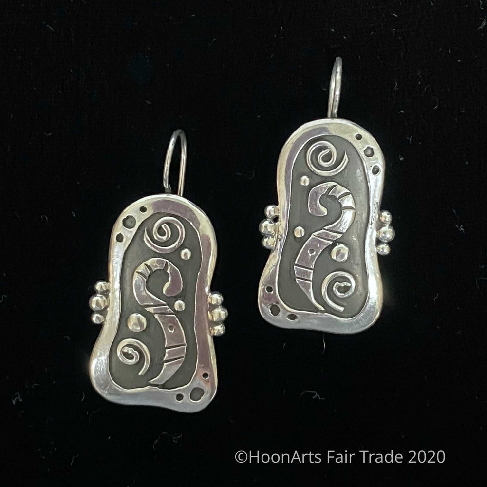 Handmade Silver Earrings from Kyrgyzstan-Rectangular Swirl-Farzana