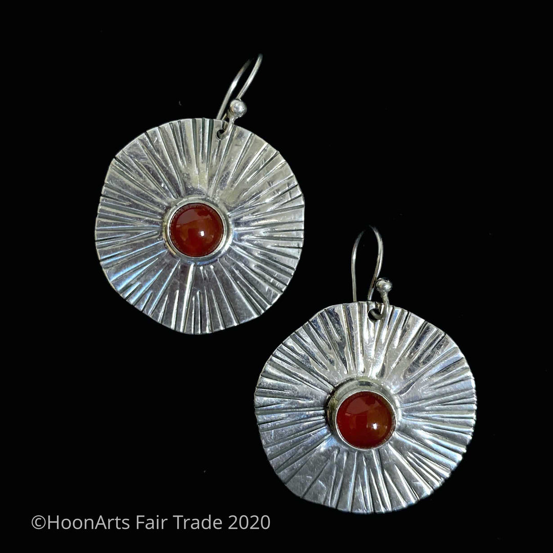 Handmade Silver Earrings from Kyrgyzstan-Sunburst with Carnelian-Zhanyl