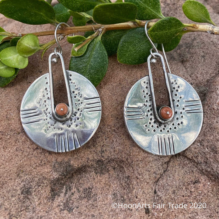 Handmade Silver Kyrgyz Earrings-Round with Coral Center-"Dilara"