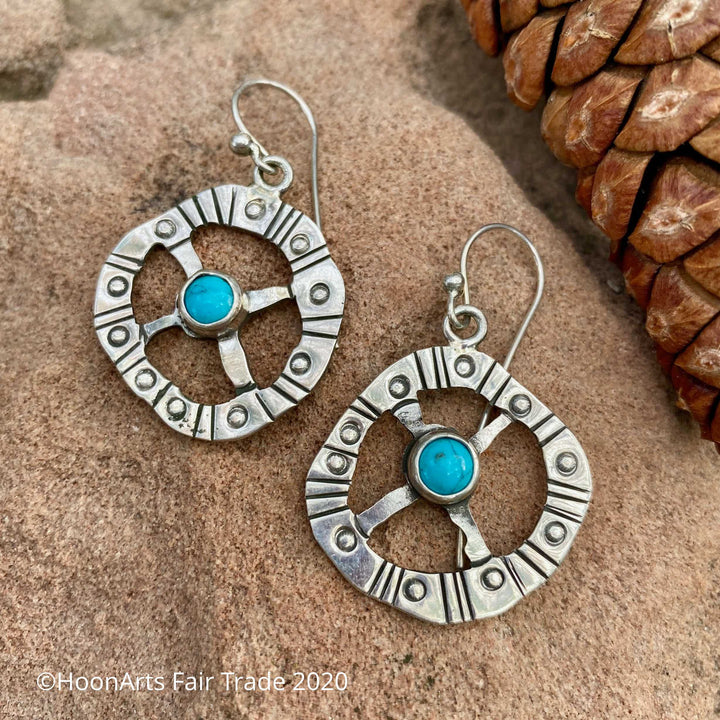 Handmade Silver Kyrgyz Earrings-Wheel with Turquoise-Aliya