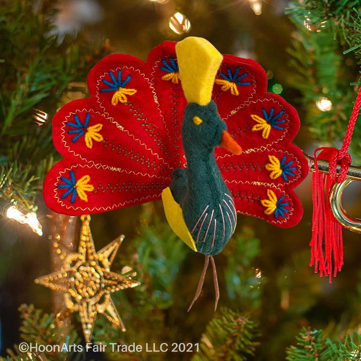 Handmade felt Christmas ornament-red peacock with green body-made in Kyrgyzsan | HoonArts