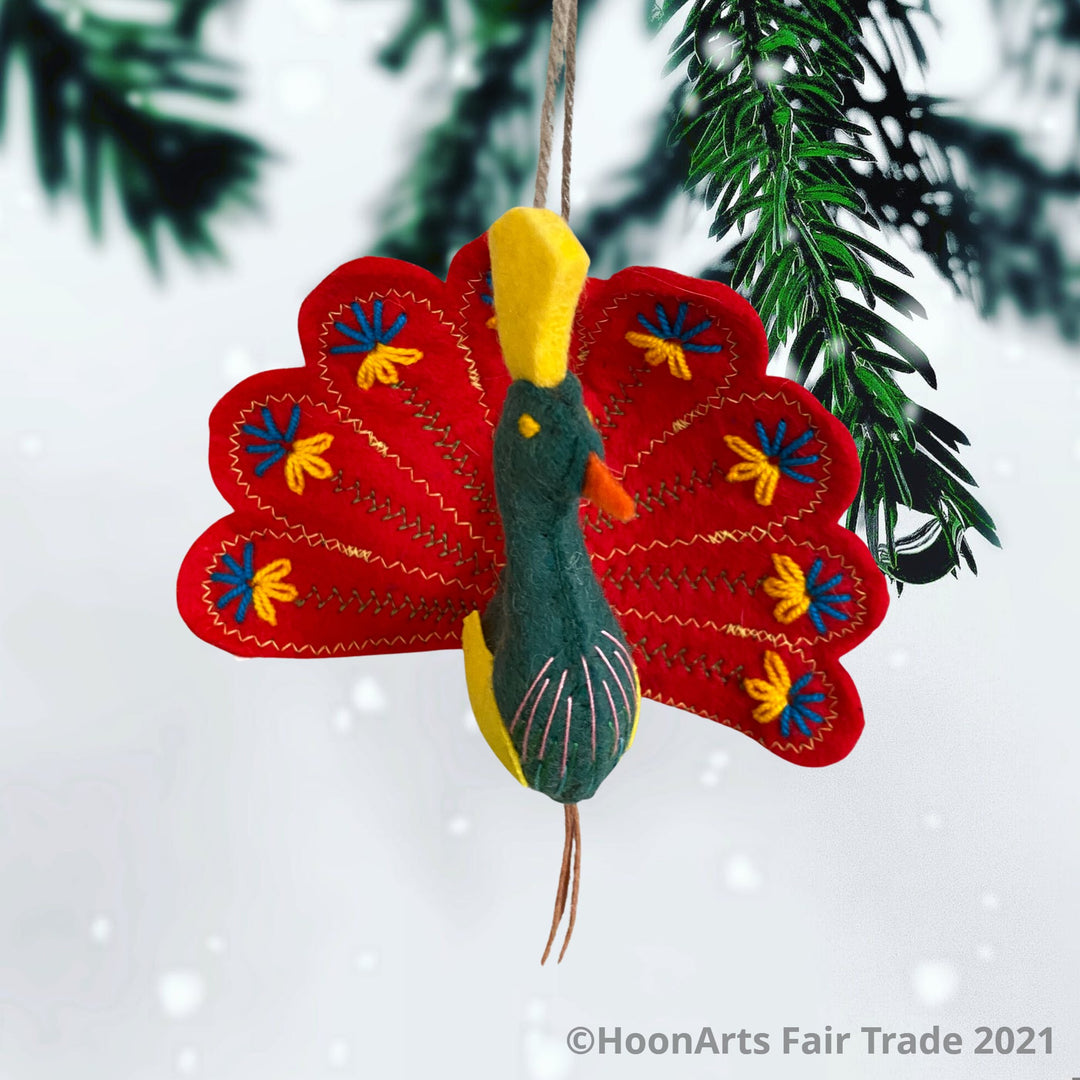 Handmade Kyrgyz felt Christmas ornament-peacock with red feathers and green body, decorated with embroidery | HoonArts