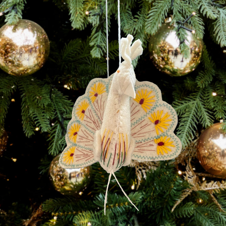 Peacock Handmade Felted Christmas Ornament - White with Yellow
