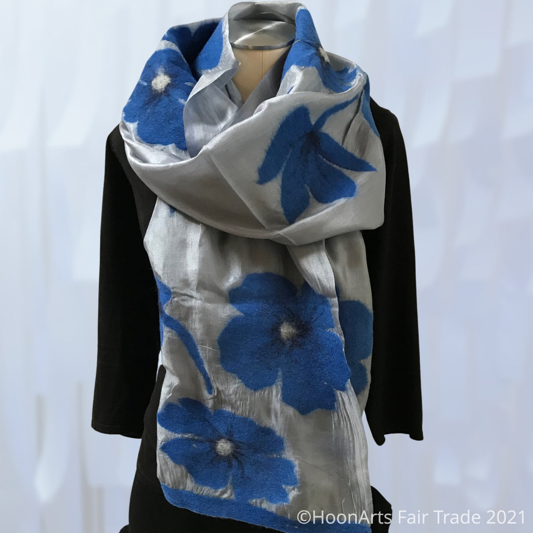 Kyrgyz Silk and Felted Scarf, Blue Poppies on Light Grey