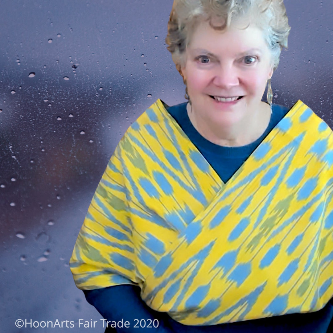 Handwoven Silk/Cotton Ikat Scarf/Shawl, Worn by Older Cacusasian Female 