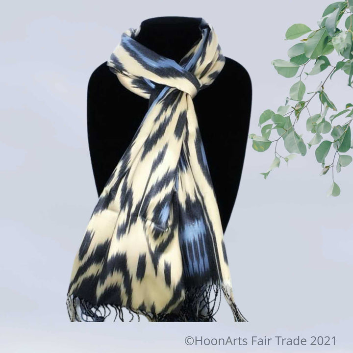 Silk cotton ikat scarf - blue and black on cream made in Uzbekistan