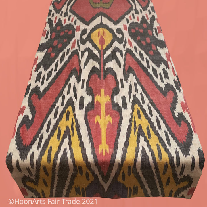 Uzbek ikat infinity scarf-Yellow, Red, White & Grey, showing full pattern