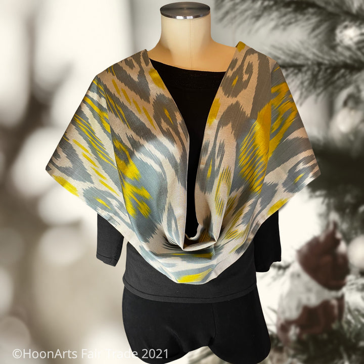 Handwoven Silk & Cotton Ikat Infinity Shawl-Yellow, Grey and Silver Traditional Uzbek pattern, draped on mannequin