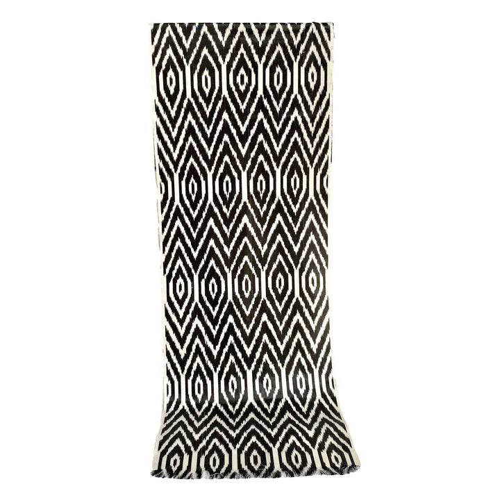 Ikat Silk Scarf-Cotton/Silk Blend-Black & White Geometric Pattern