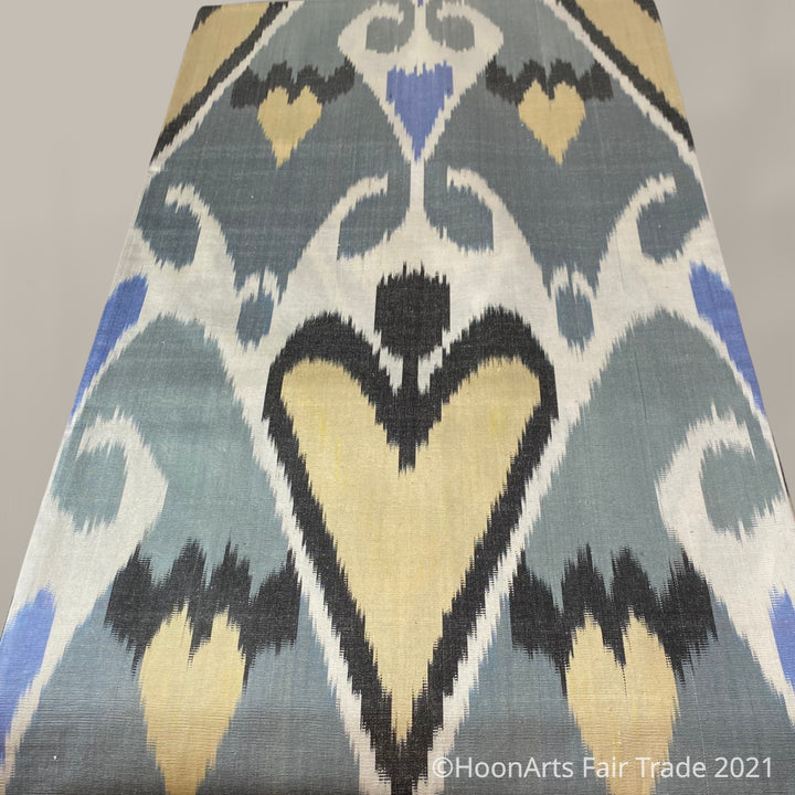 Handwoven silk/cotton ikat pattern from Uzbekistan-grey, blue, Black and Tan on white | HoonArts