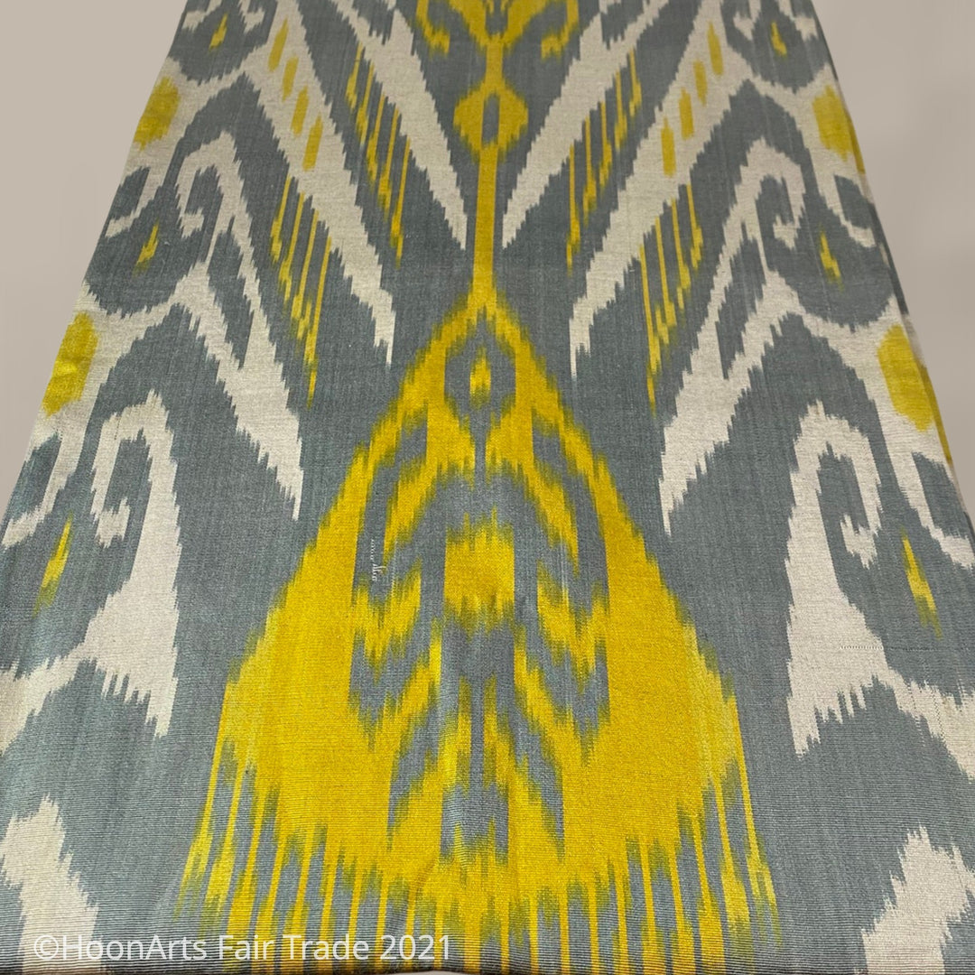 Grey, Silver & Yellow Uzbek Ikat Pattern-Silk Infinity Shawl | HoonArts
