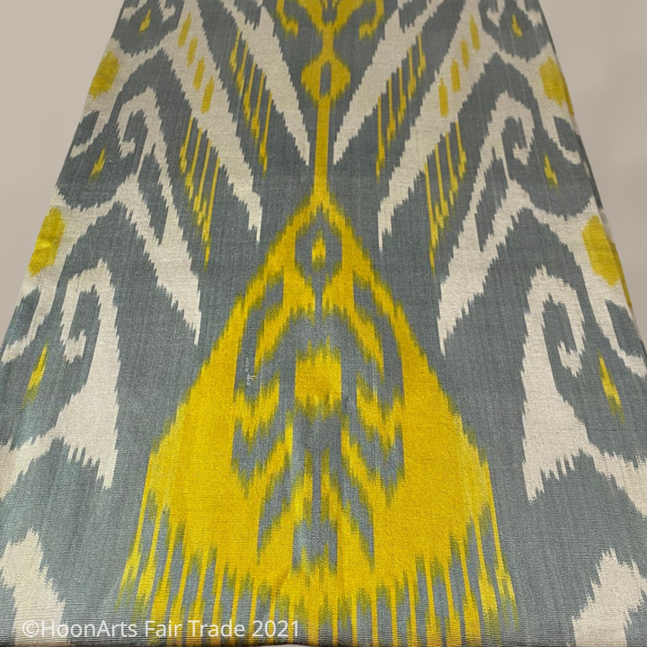 Grey, Silver & Yellow Uzbek Ikat Pattern-Silk Infinity Shawl | HoonArts