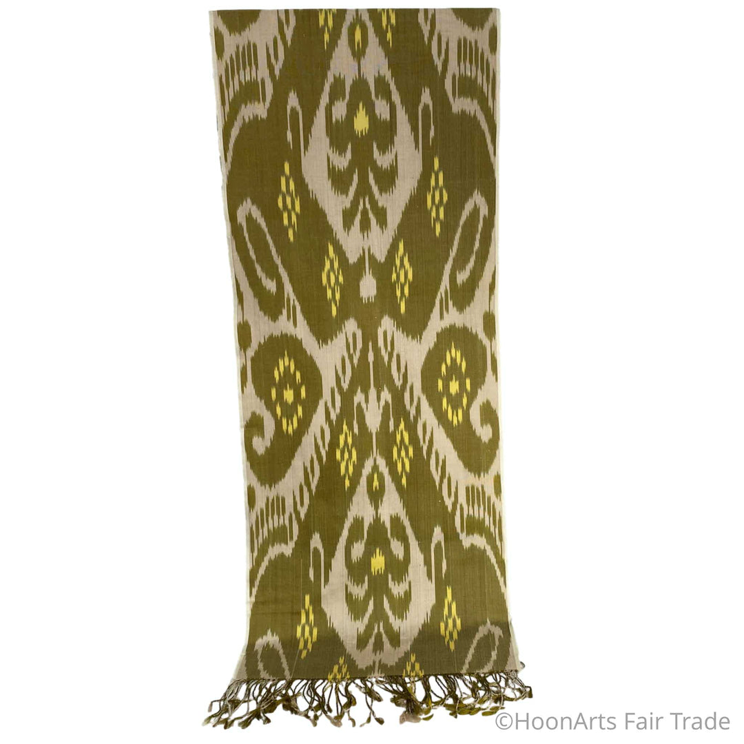 Uzbek Handwoven Silk Ikat Scarf-Green, Yellow, Beige