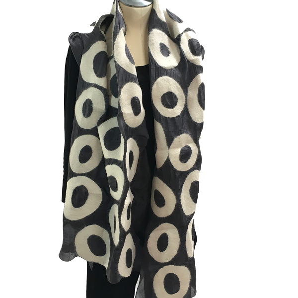 Kyrgyz Hand-felted Silk Scarf/Shawl, Black & White Circles