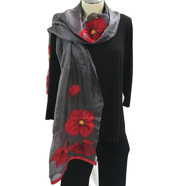 Kyrgyz Silk and Felted Scarf, Red Poppies on Dark Grey