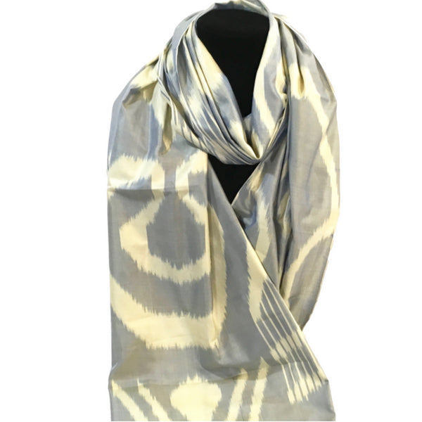 Handwoven Silk Ikat Scarf from Uzbekistan-Grey & Cream