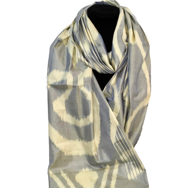 Handwoven Silk Ikat Scarf from Uzbekistan-Grey & Cream