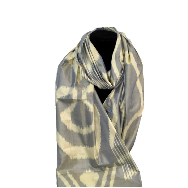 Handwoven Silk Ikat Scarf from Uzbekistan-Grey & Cream