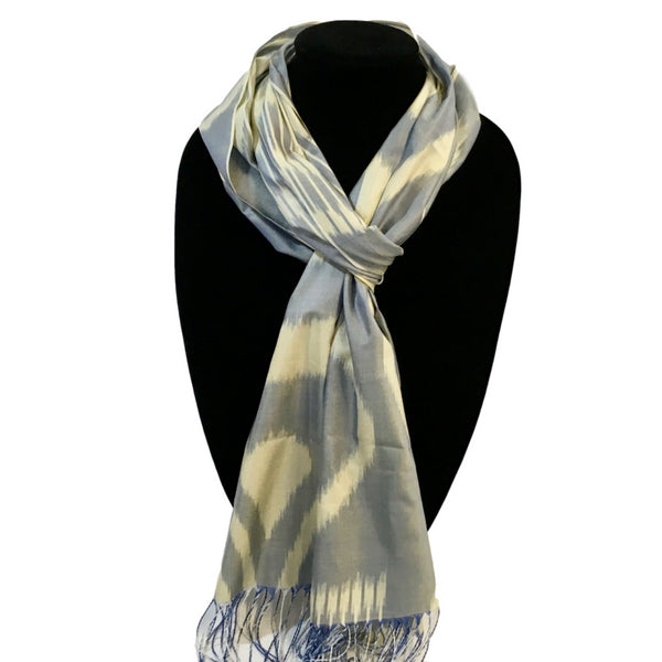 Handwoven Silk Ikat Scarf from Uzbekistan-Grey & Cream