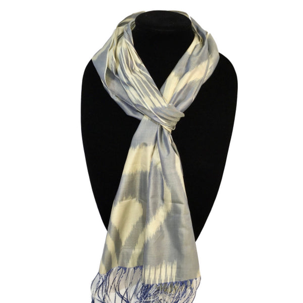 Handwoven Silk Ikat Scarf from Uzbekistan-Grey & Cream