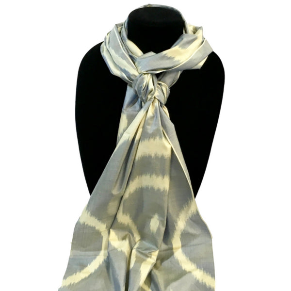 Handwoven Silk Ikat Scarf from Uzbekistan-Grey & Cream