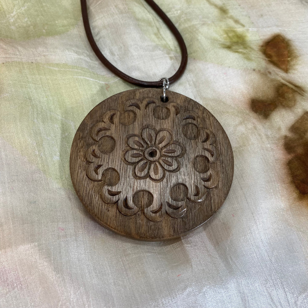 Round Wooden Pendant with Hand Carved Design 2
