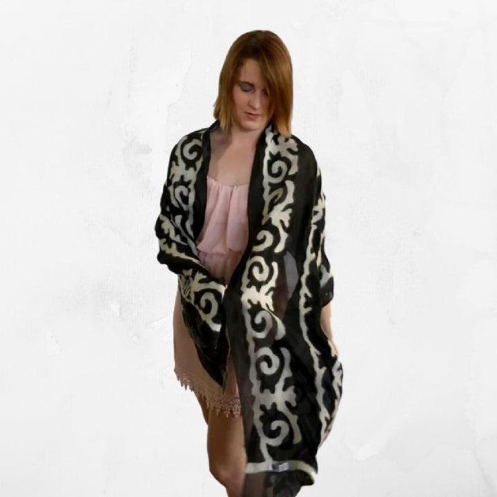 Seven Sisters white & black handmade silk Kyrgyz shawl