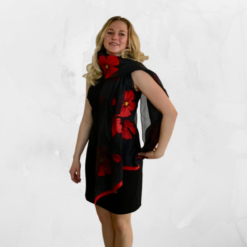 Kyrgyz Silk and Felted Scarf, Red Poppies on Black | HoonArts Kyrgyz Silk and Felted Scarf, Red Poppies on Black | HoonArts